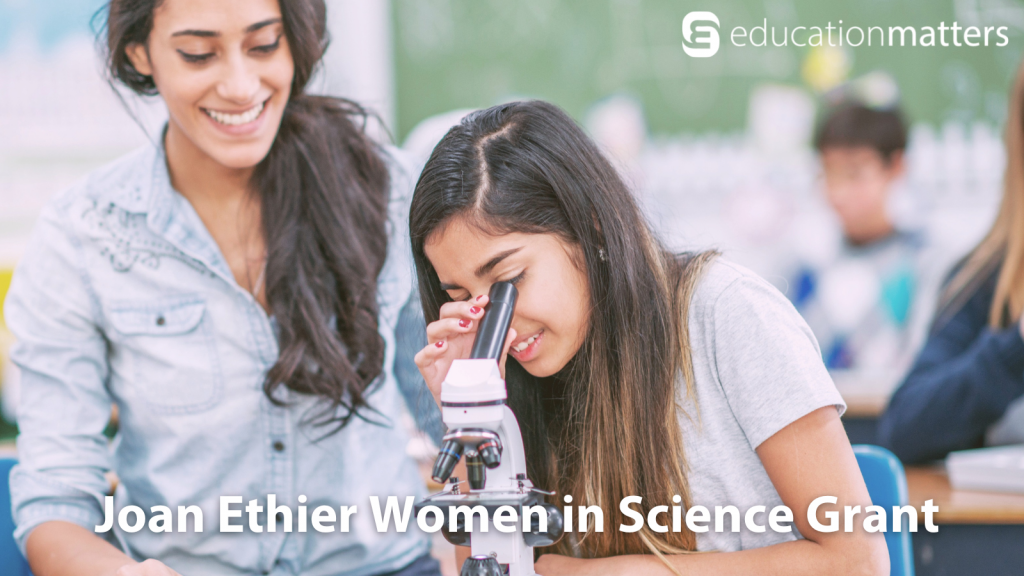 Teen girl looks into microscope next to her teacher
Joan Ethier Women in Science Grant